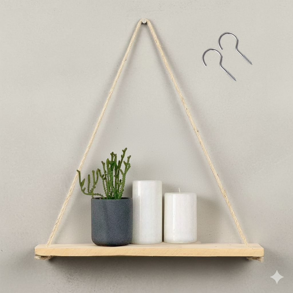 Floating Light Wood Wall Hanging Shelves With Triangle String Swing Rope Handicraft Wall Decor Shelves