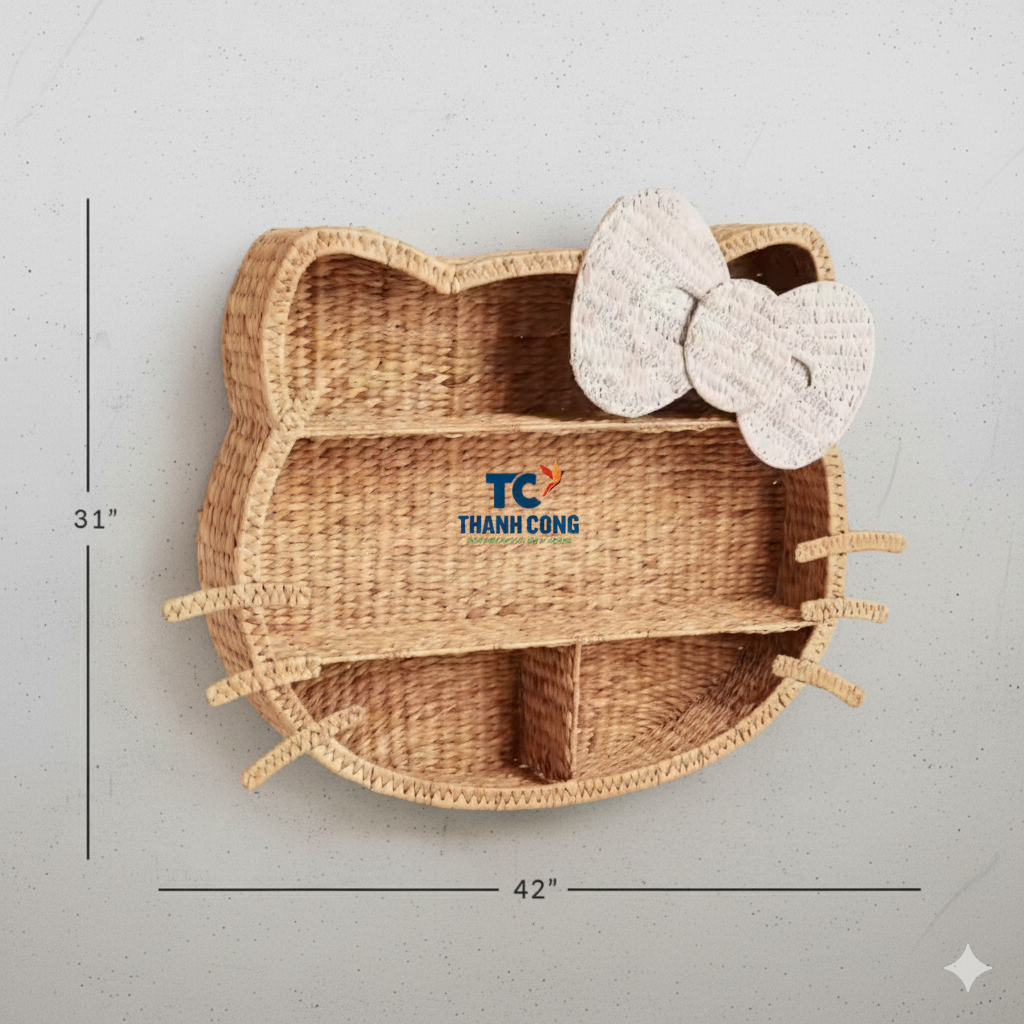 Cheap Price Water Hyacinth Hello Kitty Bookcase Woven Wall Hanging Shelf With Cute Shape for Kids Room