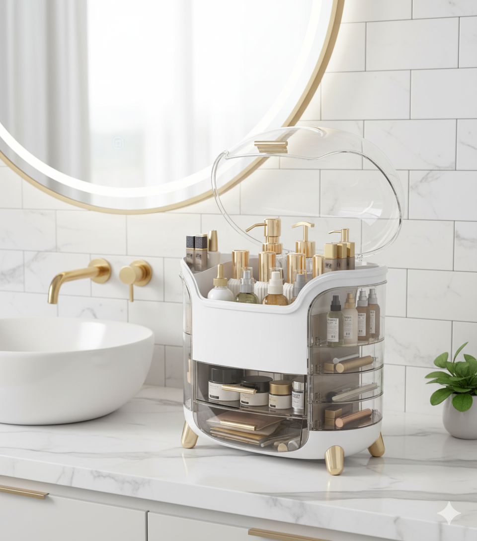 3 Pcs Set Cosmetic Storage Box Clear Cover Make up Display Case 2 Drawer Makeup Organizer with Brush Holder Lipstick Rack