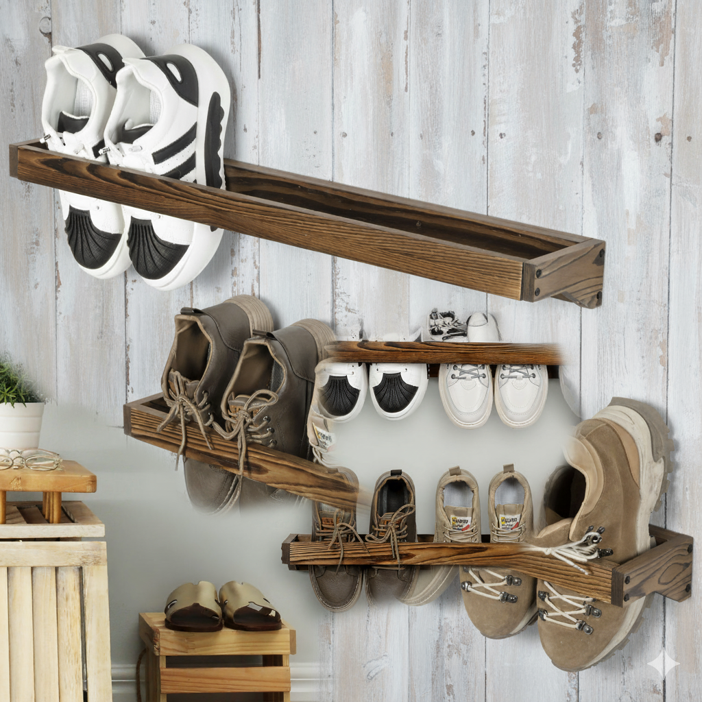 Set of 2 Wall Mounted Entryway Shoe Rack, 30 Inch Hanging Footwear Storage Organizer Holder, Holds up to 6 Pairs