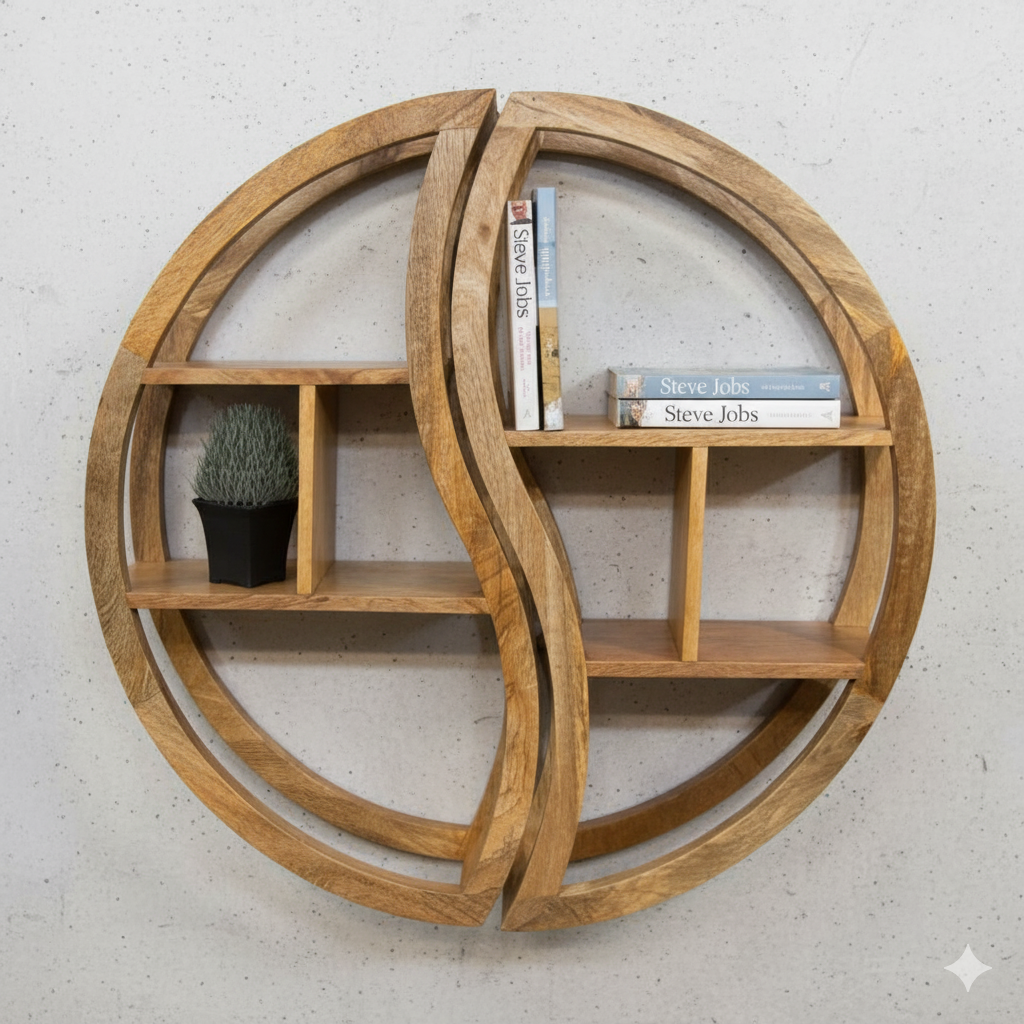 Solid Wooden Round Wall Hanging Shelf, Wooden Decorative Shelf/Solid Mango Wood 2 Part Round Wall Mounted Shelving Unit