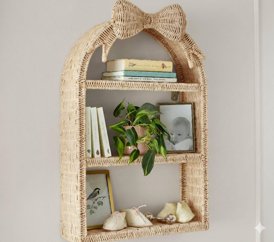 Bow Tiered Wall Hanging Kids Shelf Rattan Shelf for Kid Eco-friendly Room and Nursery Decor